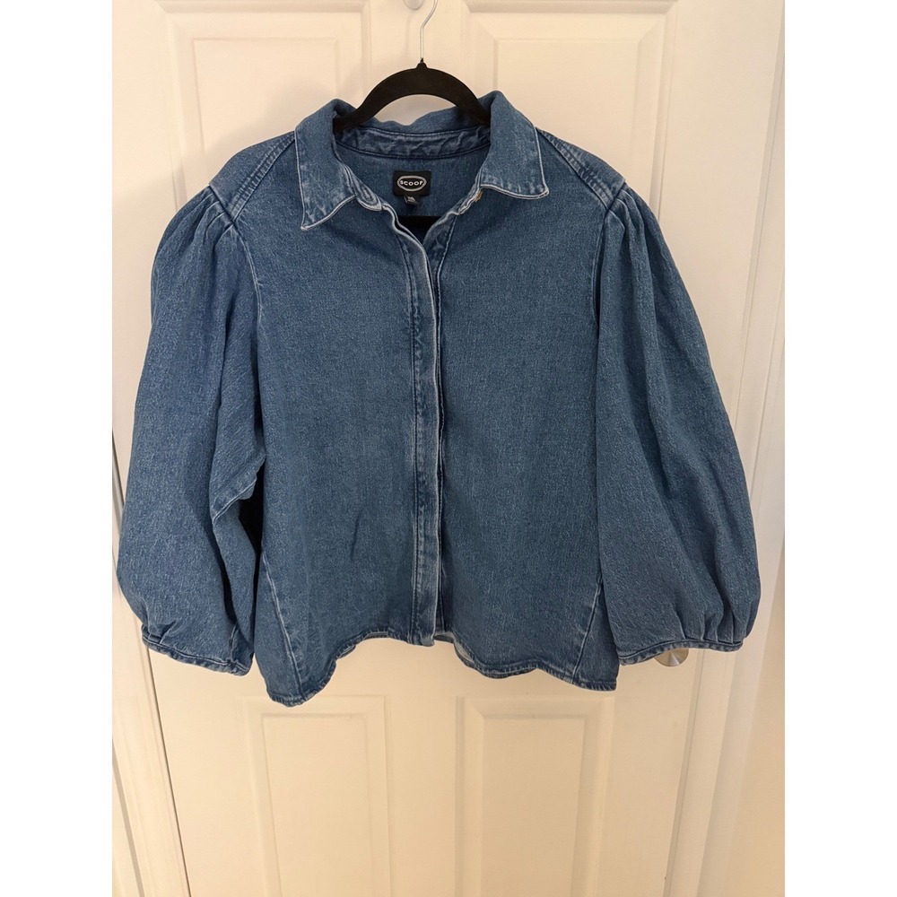Scoop Women's Puff Sleeve Denim Shirt Medium Wash Blue XXL